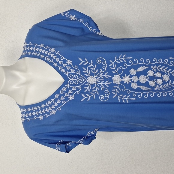 Blue White Embroidered Bohemian Coastal Short Sleeve Maxi Dress One Size - Picture 3 of 13